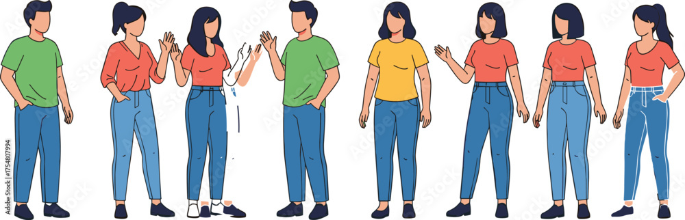 Obraz premium Cartoon diverse group, casual clothing, standing pose, blue jeans, colorful tops, social interaction, vector, illustration, fashion, character, people, frienity, diversity, 