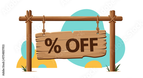 A wooden sign announces a percentage off sale with a rustic design and festive background.