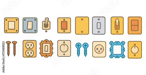 Electrical switches and outlets flat icons set – line, silhouette, power symbols