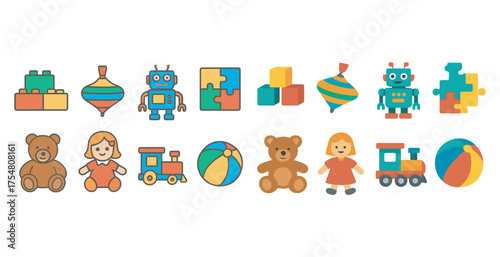 Children's toys icon set – flat, filled, playtime and fun symbols for kids