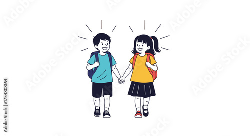 Two smiling children holding hands and walking together with backpacks on a sunny day.