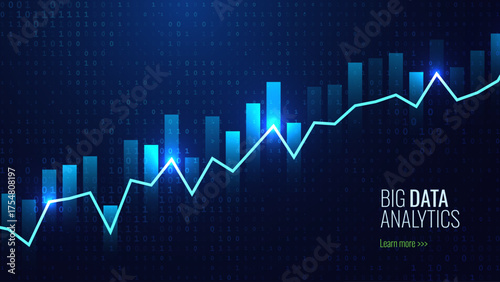 Big Data Analytics Business Growth Chart With Digital Binary Background, Financial Dashboard Concept For Fintech, Market Trends, Predictive Investment Insights, Vector Illustration.