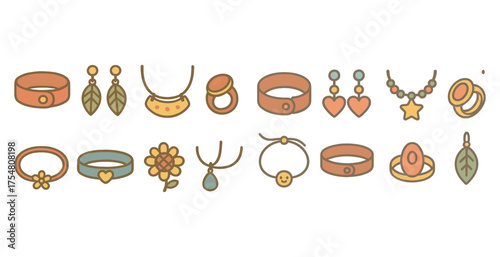 Jewelry and accessories outline icons set – simple, line, fashion and adornment symbols