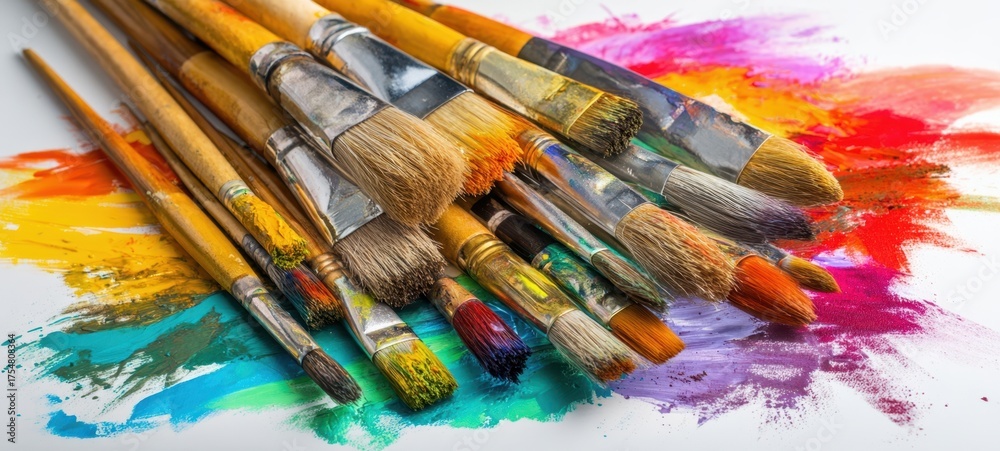 Obraz premium The paintbrushes arranged on vibrant watercolor paint splashes showcasing artistic creativity