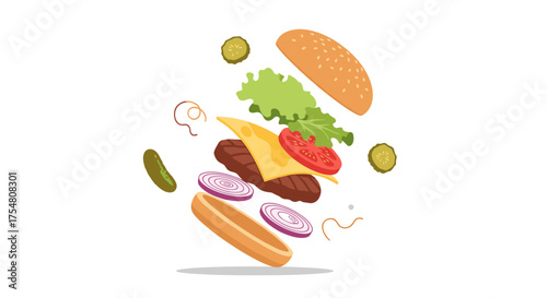 Exploded view of a delicious juicy burger with fresh ingredients floating