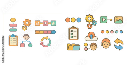 Workflow and task management icons set – flat, filled, process and organization symbols