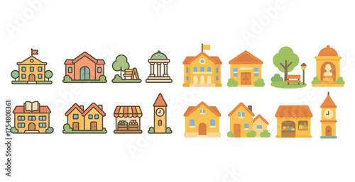 Community buildings icons set – flat, city, neighborhood visuals for urban design