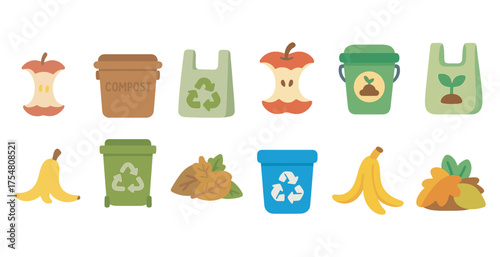 Recycling and waste management icons set - flat, eco-friendly, trash symbols