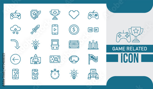  Colorful Game Related Icon Set with Controller, Console, Joystick, and Sport Elements