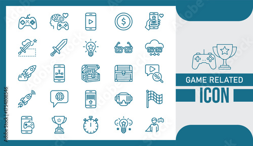  Colorful Game Related Icon Set with Controller, Console, Joystick, and Sport Elements