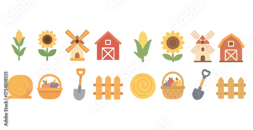 Farm and agriculture flat icons set - farming, gardening, rural symbols collection