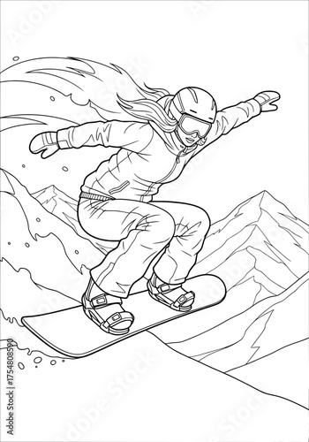 fearless snowboarding girl. coloring book