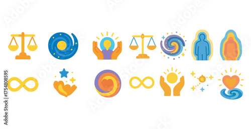 Balance and wellness icons set – flat, filled, harmony and mindfulness symbols