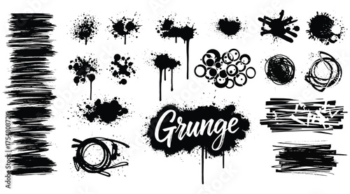 Vector art of collection of grunge design elements, including paint splatters, brush strokes, and ink blots for adding a distressed texture to designs