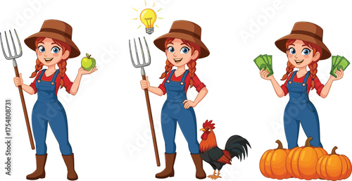 Cartoon female farmer character, red hair, pitchfork, apple, rooster, idea bulb, money, pumpkins, agriculture, harvest, rural, cute, vector, illustration, farm, worker, autumn, business, concept, set