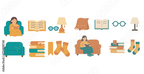 Reading and library icons set - flat, filled, books and cozy study room graphics