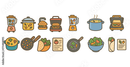 Kitchen and cooking icons set – flat, culinary, recipe planning graphics