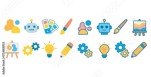 Creativity and innovation icons set – flat, filled, design and art tools graphics