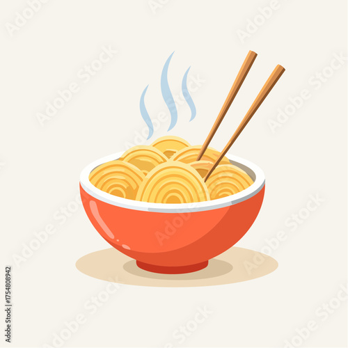 Steaming hot noodles in a vibrant red bowl with chopsticks, a classic Asian meal illustration, evoking comfort and delicious flavors for food-related graphic designs