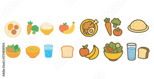 Food and nutrition flat icons set – meal, fresh, culinary symbols
