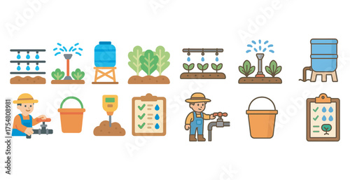 Gardening and irrigation icons set – flat, filled, garden and plant care symbols