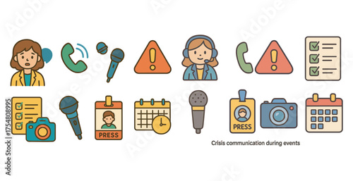 Crisis communication flat icons set – microphones, media, emergency planning