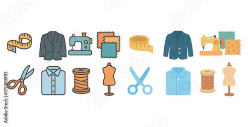 Sewing and tailoring flat icons set – fabric, clothing, textile design symbols