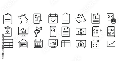 Cow and agriculture line icons set – outline, farm, livestock and dairy symbols