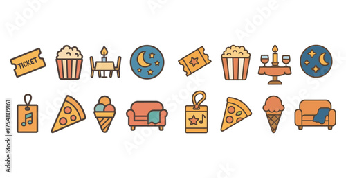 Cinema and leisure icons set – flat, solid, entertainment and fun activity graphics