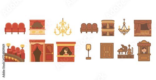Theater and opera flat icons set – stage, performance, cultural symbols