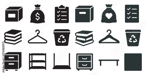Finance and storage solid icons set – filled, economy, organization symbols