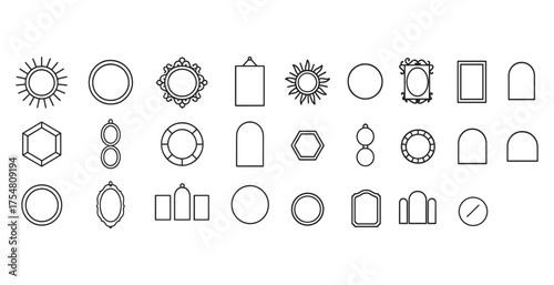 Mirror and reflection outline icons set – line, silhouette, decoration and design