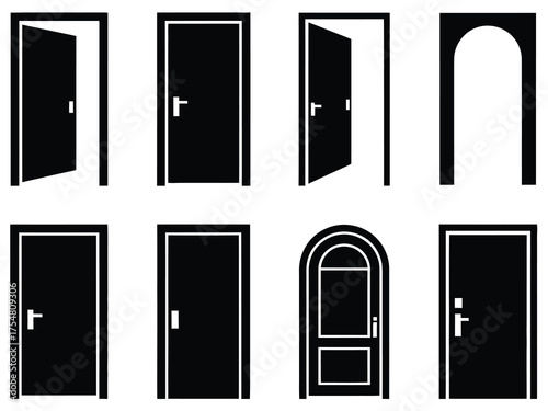 Doors Collection of Open, Closed, and Ajar Icons in Modern Minimalist Style for Real Estate and Home Design