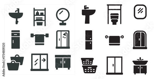 Bathroom essentials solid icons set – silhouette, filled, plumbing symbols