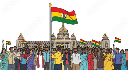 Illustration of a diverse crowd standing in front of a building waving Bolivian flags.