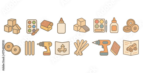 Crafts and hobbies icons set – solid, filled, diy and artistic tools