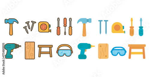 Tools and equipment flat icons set – construction, diy, hardware symbols