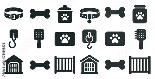 Pet care solid icons set – animal, silhouette, grooming and accessories symbols