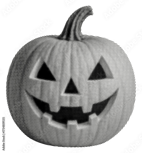 jack-o'-lantern carved halloween pumpkin isolated triangular eyes nose jagged smile retro halftone grunge dotted texture vintage magazine style collage element for autumn seasonal mixed media design