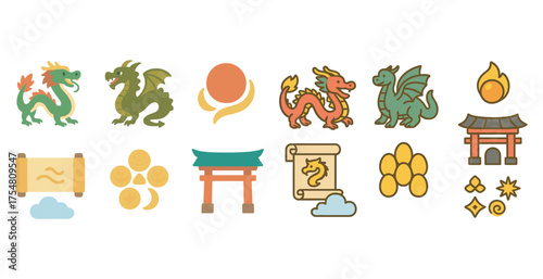Asian culture icons set – flat, outline, tradition and mythology symbols