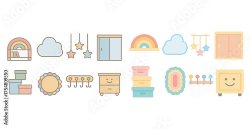 Kids room decor icons set – flat, cute, nursery decoration symbols