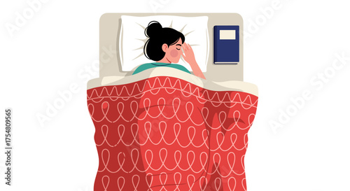 Woman lying in bed unable to sleep due to stress and worry.