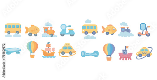 Transportation and travel icons set – flat, filled, vacation and mobility symbols