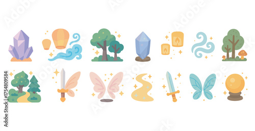 Fantasy and adventure icons set – flat, filled, magical and mythical symbols