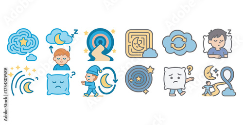 Sleepy time flat icons set – dream, relaxation, night symbols for wellness