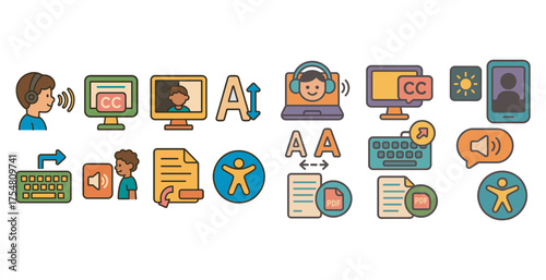Accessibility and communication flat icons set – inclusive, assistive technology symbols
