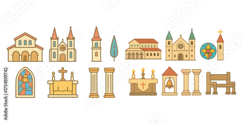 Church and cathedral icons set – flat, religious, architecture symbols for design
