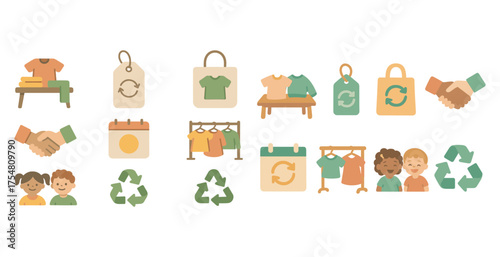 Secondhand clothing icons set – flat, recycled, sustainable fashion symbols