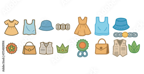 Fashion and accessories icons set – outline, flat, clothing and style symbols