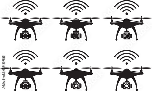 Drone swarm in motion silhouette set, black color with white background